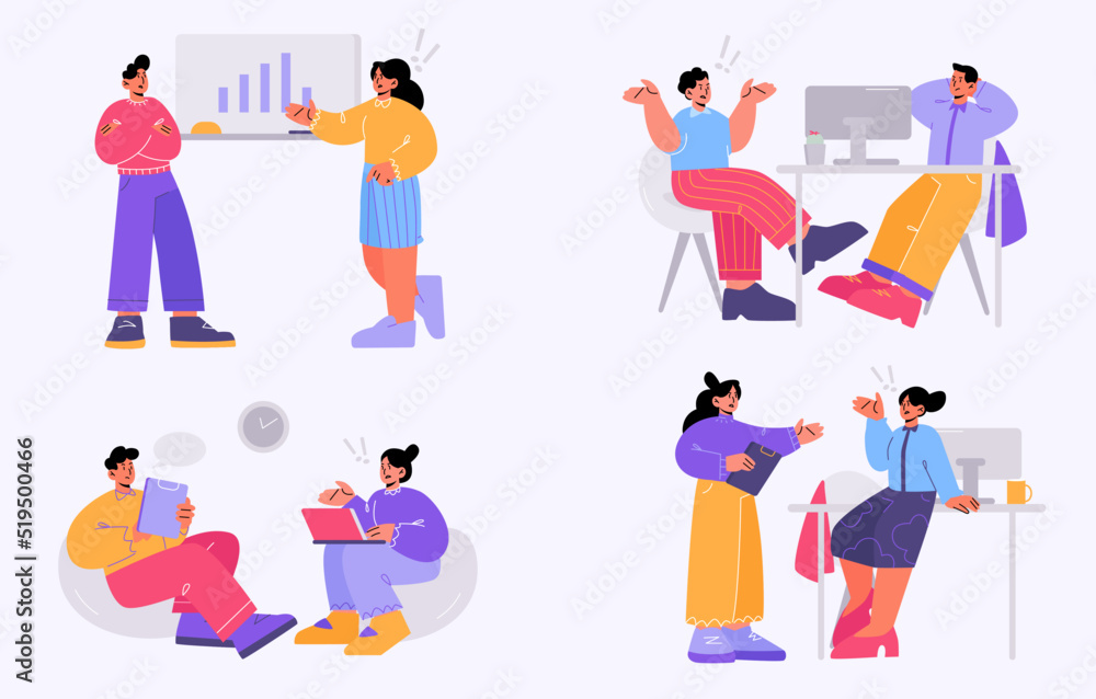 People conflict on workplace in business office. Vector flat illustration of angry employees talk, quarrel and argue with colleagues. Concept of communication problems in team