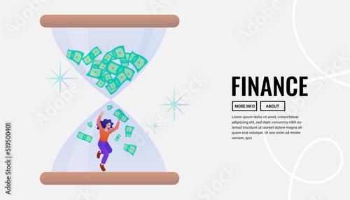 Finance and investment concept. A joyful woman celebrates inside an hourglass as money rains down from the top, symbolizing a successful long-term payoff and financial freedom.
