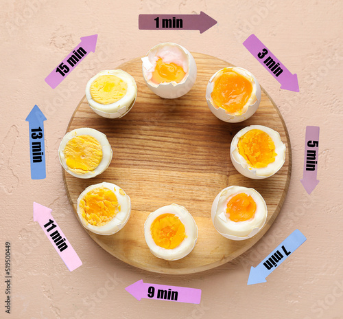 Foto Timing of boiling chicken eggs on color background