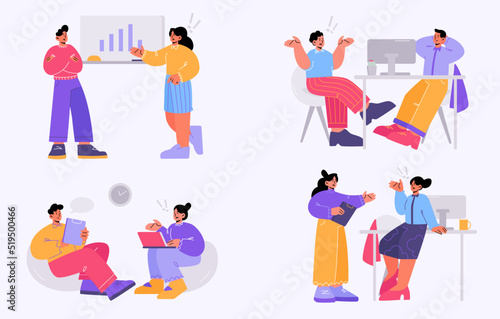 People conflict on workplace in business office. Vector flat illustration of angry employees talk, quarrel and argue with colleagues. Concept of communication problems in team