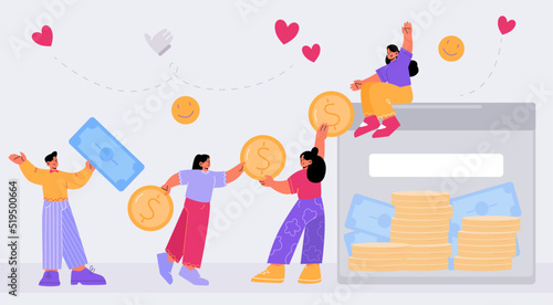 Crowdfunding, donation concept. Tiny people collect coins to huge box. Investor characters collecting money for startup business idea, charity, fundraising, deposit. Line art flat vector illustration
