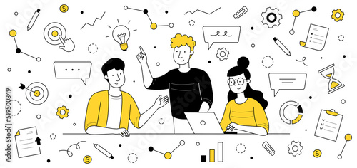 Business people teamwork, meeting doodle concept. Colleagues team develop idea work together thinking creative solution with infographic icons around. Brainstorm in office Line art vector illustration