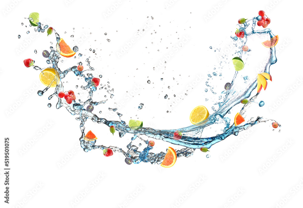 Fototapeta premium Different flying fruits and splash of water on white background