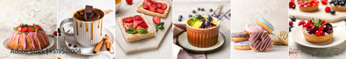 Collage of delicious desserts on light background