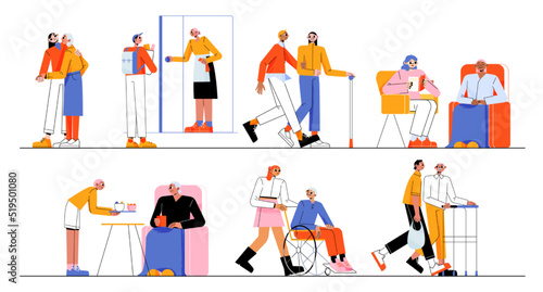 Elder care and help concept. Volunteers support seniors, young and old people read, shopping, walk on wheelchair, courier deliver food. Social workers and pensioners, Linear flat vector illustration