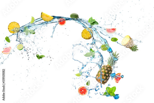 Fototapeta Naklejka Na Ścianę i Meble -  Different flying fruits and splash of water on white background