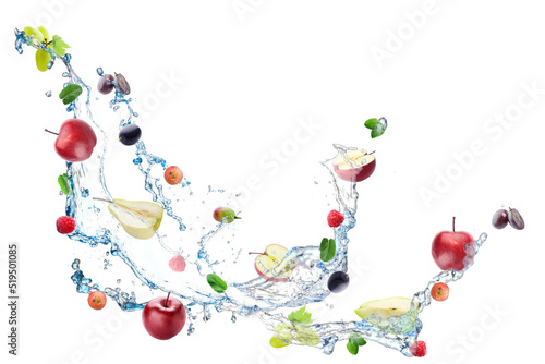 Different flying fruits and splash of water on white background