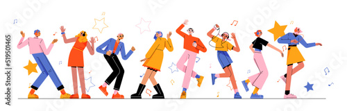 People listen music and dance, young male and female characters with players and headphones enjoying melodies. Excited men and women listening play list, moving body Line art flat vector illustration