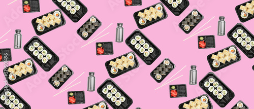 Plastic boxes with tasty sushi roll for delivery on pink background