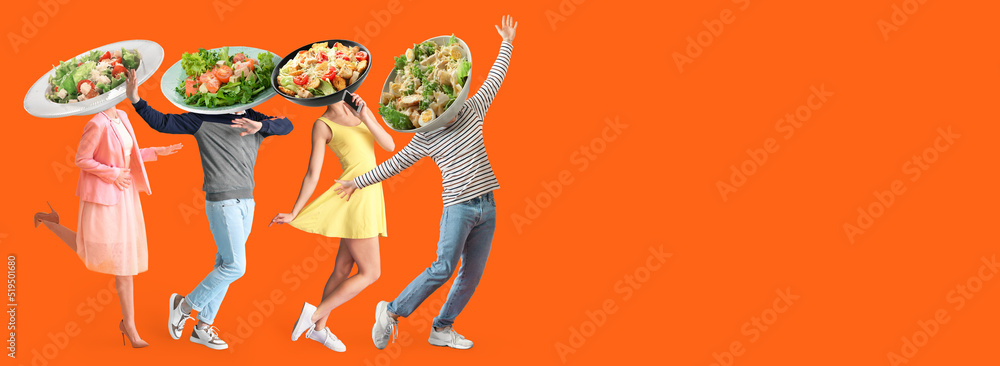 Dancing people with plates of tasty Caesar salad instead of their heads on orange background with space for text Dancing people with plates of tasty Caesar salad instead of their heads on orange background with space for text