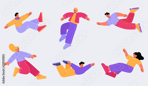 People floating in air, happy free characters flying and jumping in sky. Dream, freedom, development and aspirations concept. Isolated men and women moving up in anti gravity Linear flat vector set