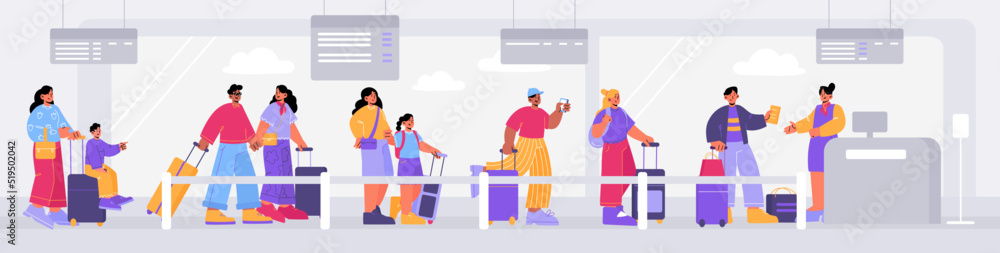 Queue in airport, people waiting in line for registration check in. Passengers characters with luggage prepare documents for passport control desk. Men, women, kids boarding Linear vector illustration