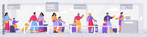 Queue in airport, people waiting in line for registration check in. Passengers characters with luggage prepare documents for passport control desk. Men, women, kids boarding Linear vector illustration