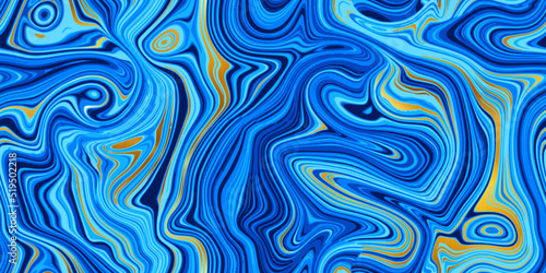 Ocean blue and gold seamless marble pattern with psychedelic swirls. Vector liquid acrylic texture. Flow art. Trippy 70s textile background. Tie dye simple artistic effect