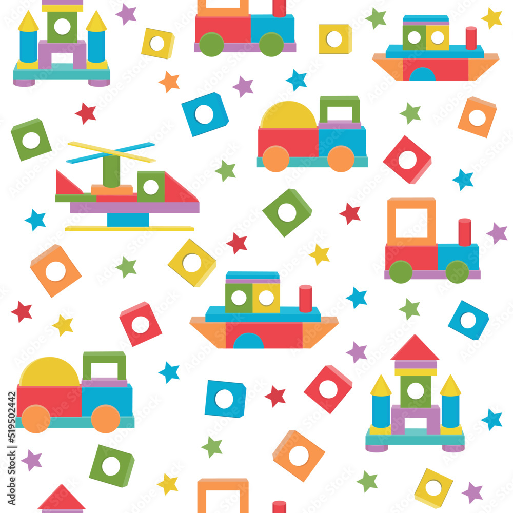 Transport pattern made of colored wooden cubes, vector isolated illustration in flat style