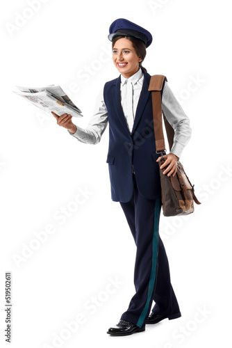 Young postwoman with newspa...