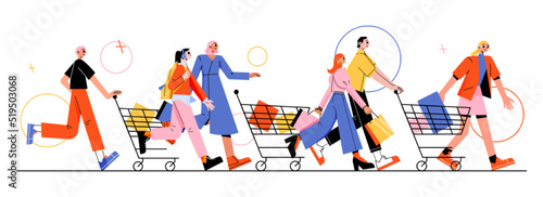 Sale run concept with happy people with shopping carts rush to store. Vector flat illustration of discount in mall, black friday sale with running customers and shoppers
