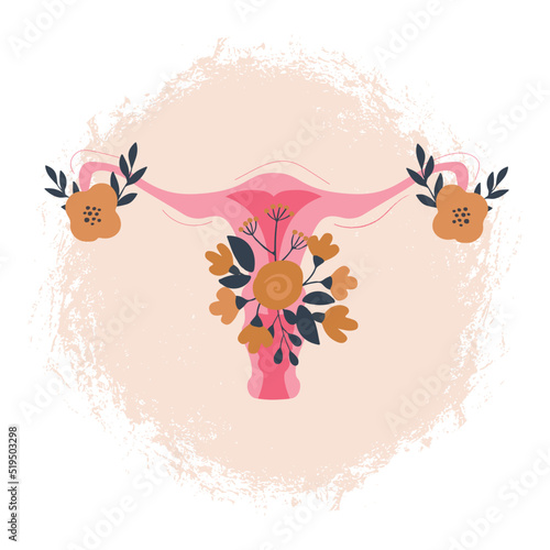 Female Reproductive System with Flowers. Feminine Gynecology. Anatomical Female Uterus, Ovaries. Vagina Symbol Menstruation. Hand Drawn Uterus, Women Female Reproductive Organs. Vector illustration. photo