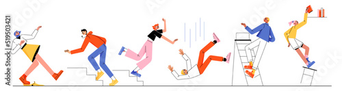 People stumble on stairs, fall down from high, ladder and stool, slip on banana peel. Vector flat illustration of men and women drop from staircase, slide on floor, falling
