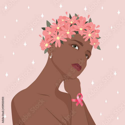 Beautiful girl in a wreath of flowers with a pink ribbon on her hand. Support for World Breast Cancer Awareness Month in October. Vector illustration.