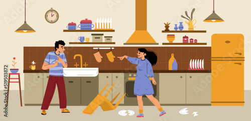 Family conflict, quarrel in couple. Home scene with angry woman blame man. Vector flat illustration of wife and husband dispute and argue on kitchen with broken plates