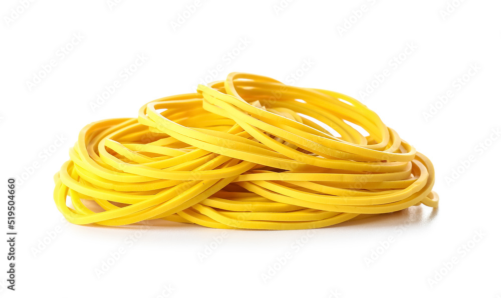 Heap of yellow rubber bands isolated on white background Heap of yellow rubber bands isolated on white background