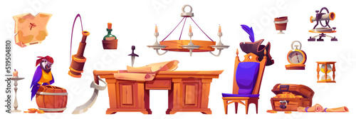 Pirate cabin interior stuff, isolated set. Wooden table, old map, treasure chest, parrot and barrel with rum, captain cocked hat, chair, spyglass and bottle with message, Cartoon vector illustration