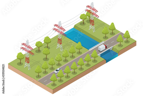 Isometric high voltage transmission lines and power pylons. Electricity pylons. Electric Energy Factory Distribution Chain. High voltage pylon