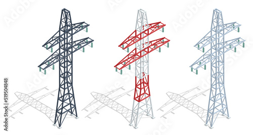 Isometric high voltage transmission lines and power pylons. Electricity pylons. Electric Energy Factory Distribution Chain. High voltage pylon