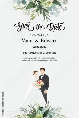 Wedding invitations card with cute couple bride and groom cartoon vector illustration
