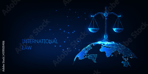 International law concept with scales and Earth map in futuristic glowing style on dark blue 