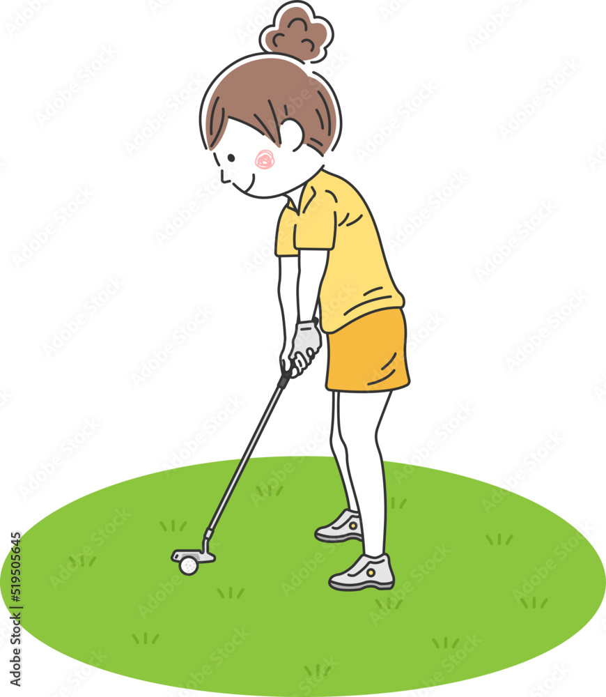ゴルフのパッティングをする、女性のイラスト