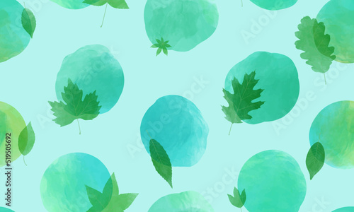 Seamless pattern with botanical leaves. Vector illustration of watercolor polka dots background.