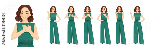 Young beatiful woman in green jumpsuit showing positive emotions with different gestures. Isolated vector ilustration set.
