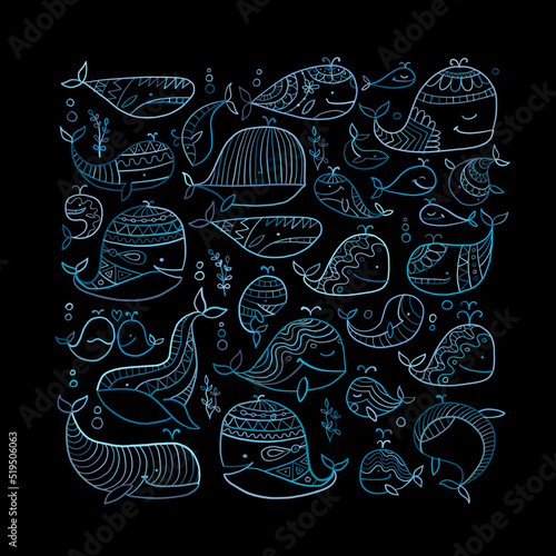 Wild whales. Childish style square frame for your design