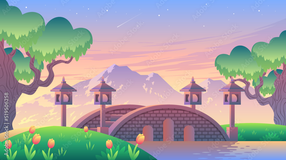 Obraz premium Traditional Bridge At Sunset Landscape Illustration
