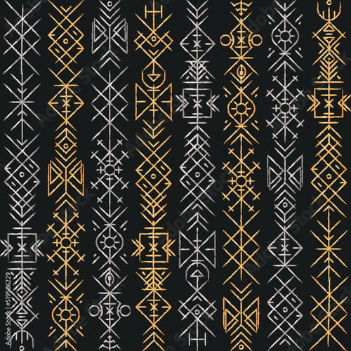 Tribal signs with metal effect. Seamless pattern