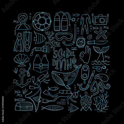 Scuba Diving icons set. Underwater activity design elements. Summer vacation concept, marine icons. Diving equipment, hand drawing style frame