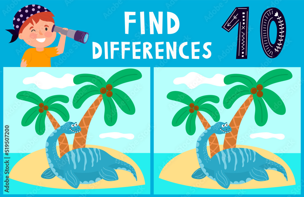 Dino illustration. Find 10 differences. Educational funny game for ...