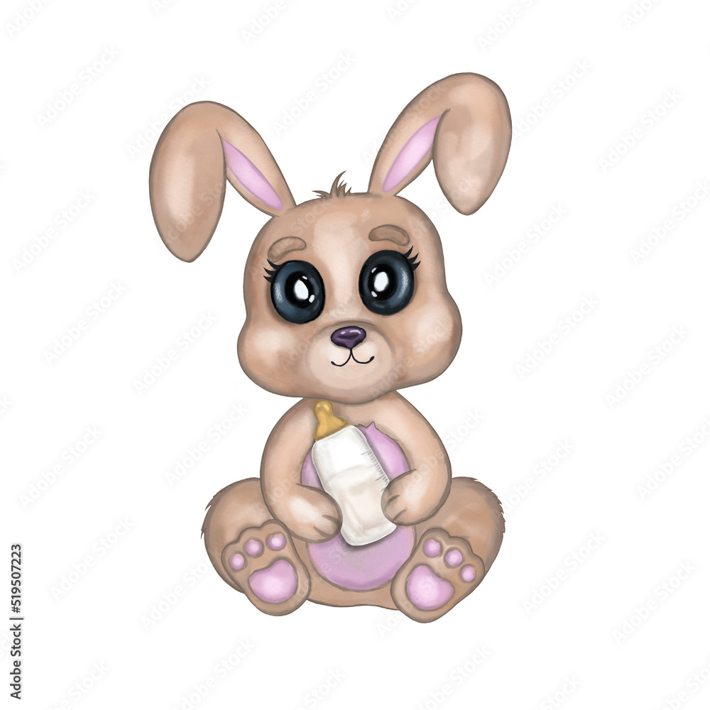 Cute bunny. Hand drawn watercolor rabbit with a milk bottle isolated on white background. Design for a nursery room, frame art, baby fabric, baby shower, greeting cards, invitations. Cute bunny. Hand drawn watercolor rabbit with a milk bottle isolated on white background. Design for a nursery room, frame art, baby fabric, baby shower, greeting cards, invitations.