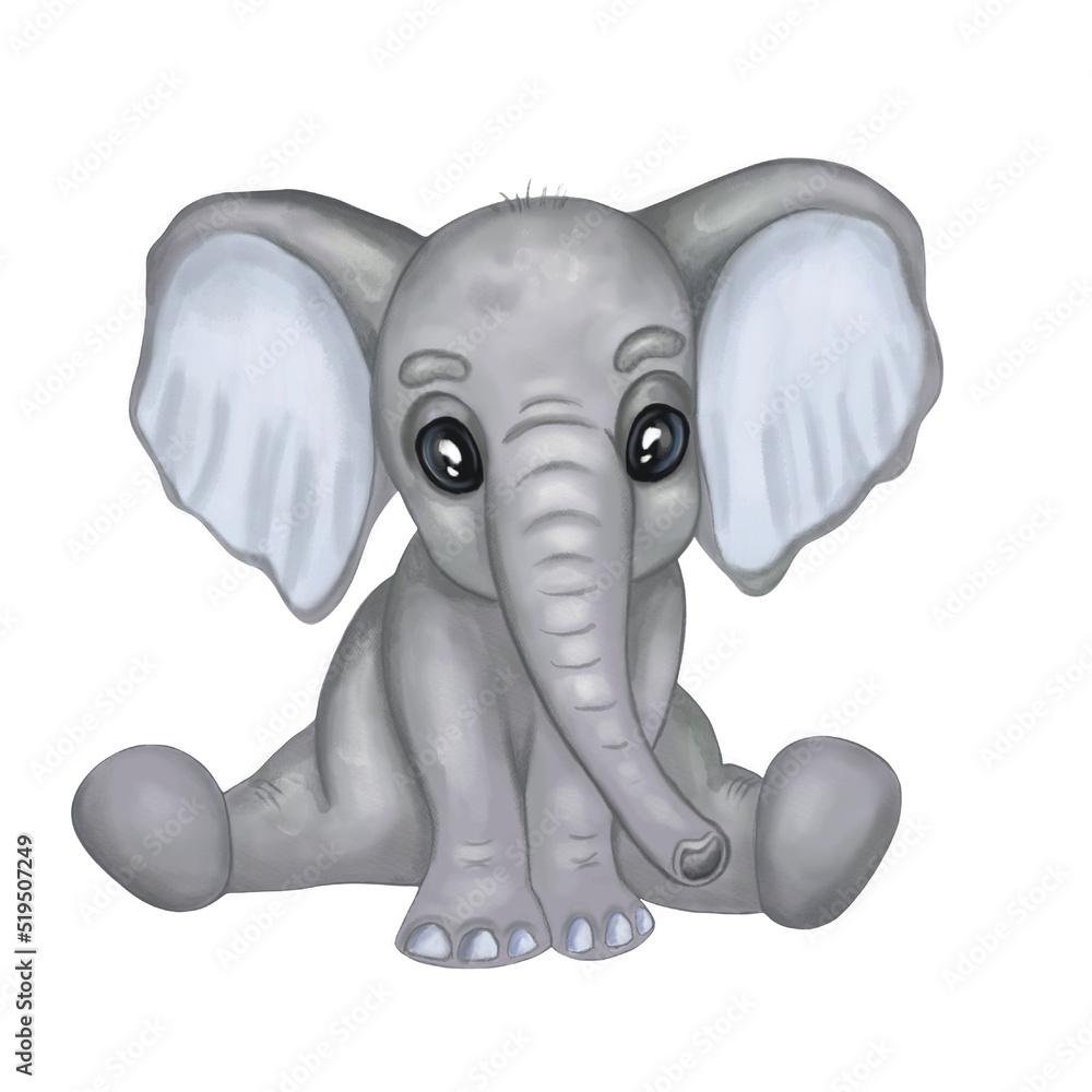 Fototapeta premium Cute gray little elefant. Hand drawn watercolor baby elefant isolated on white background. Design for a nursery room, frame art, baby fabric, baby shower, greeting cards, invitations.