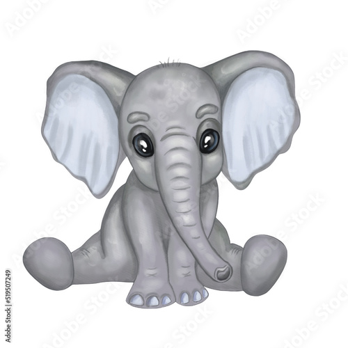 Cute gray little elefant. Hand drawn watercolor baby elefant isolated on white background. Design for a nursery room, frame art, baby fabric, baby shower, greeting cards, invitations.