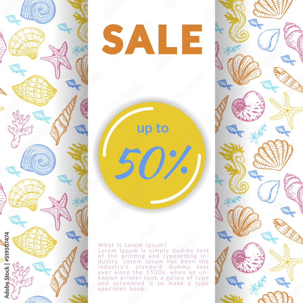 Discount banner, discount poster, nautical products advertising template. Seamless background with sea creatures, hand-drawn in sketch style. Shells, seaweed and small fish. Sea bottom.