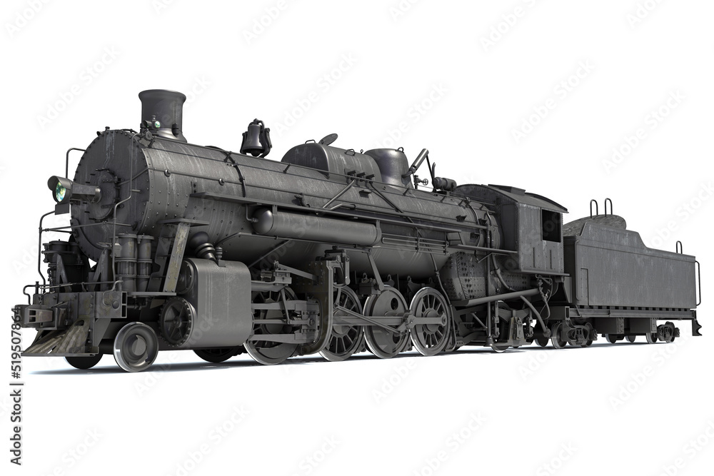 Fototapeta premium Steam locomotive with Coal Tender 3d rendering on a white background