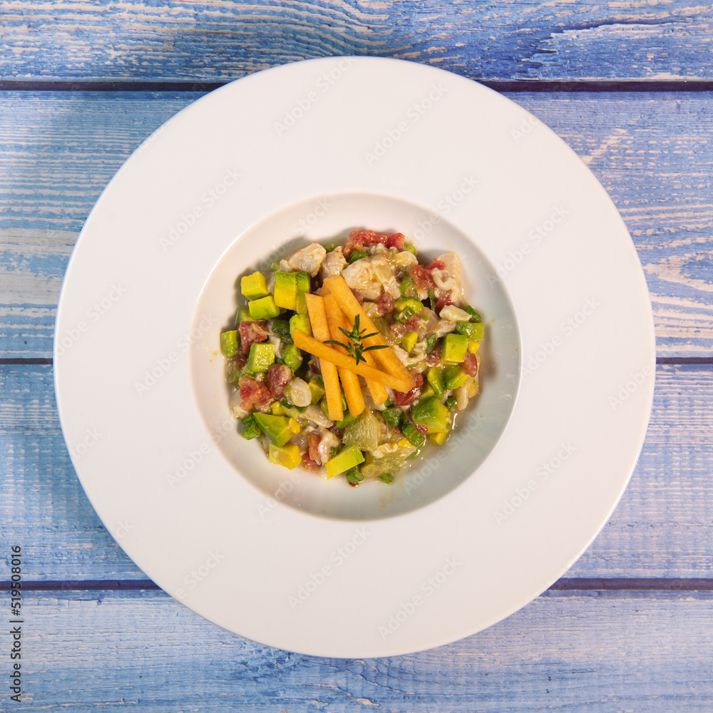 Recipe for ceviche of sea bream with avocado, chilli and lime. High quality photo Recipe for ceviche of sea bream with avocado, chilli and lime. High quality photo