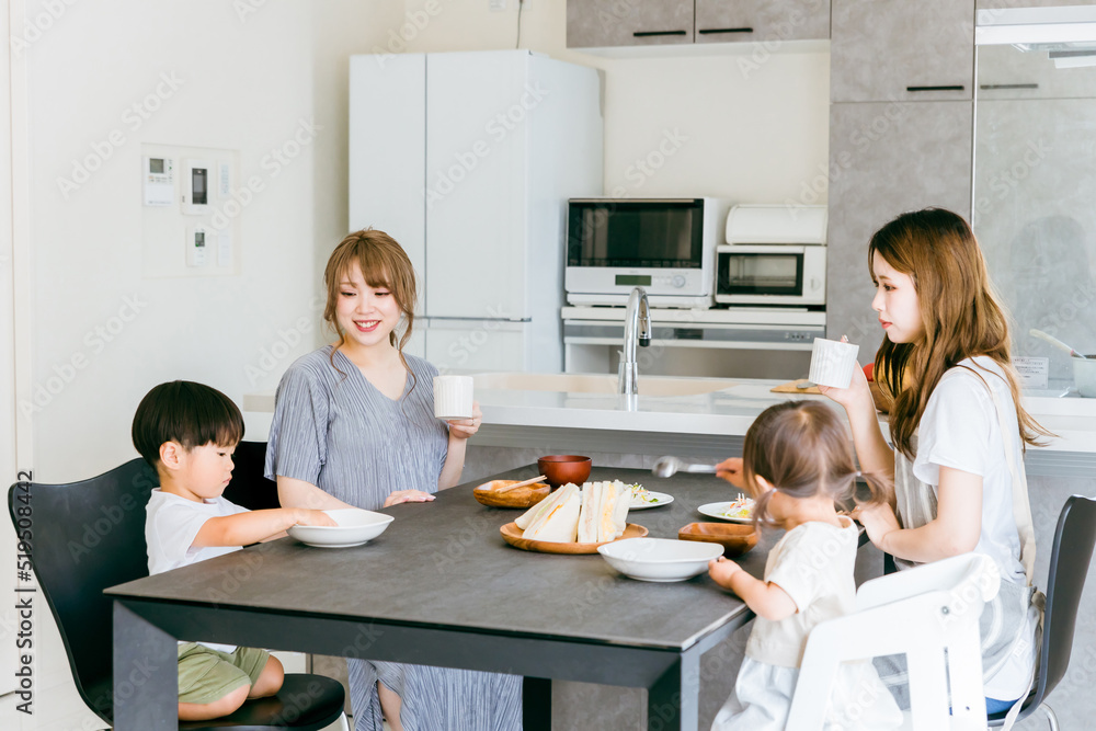 Obraz premium ママ友・女友達・姉妹でランチ会する日本人女性（家） 