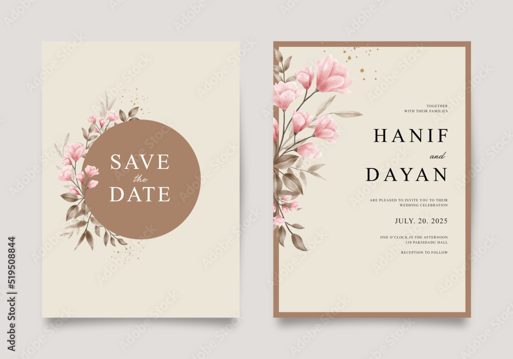 Beautiful wedding invitation with flowers and leaves