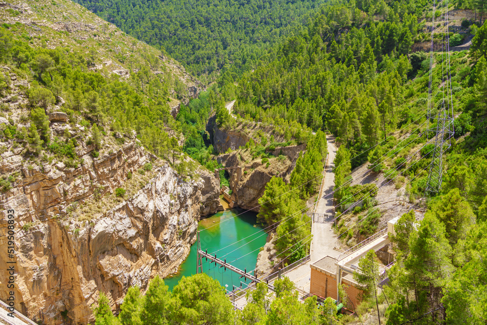 High angle view of Turia River landscape flowing through out a canyon in the Region of Valencia