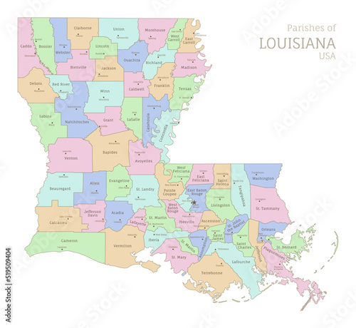 Political color map of Louisiana  USA federal state. Highly detailed map of Southern American region with territory borders and counties names labeled vector illustration
