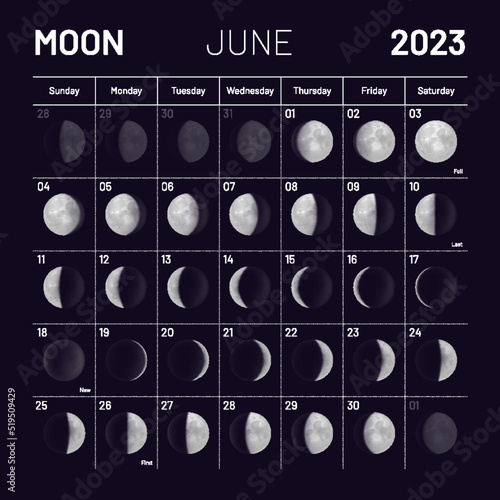 June lunar calendar for 2023 year, monthly cycle planner. Astrological schedule with lunar phases and cycles on black night background vector illustration